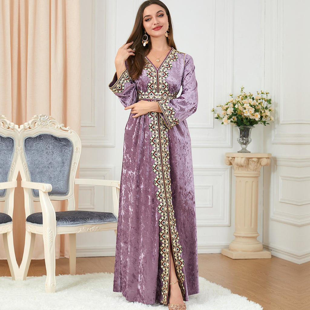 Robe en velours canari ample et ajustée à col en V et manches longues pour femme