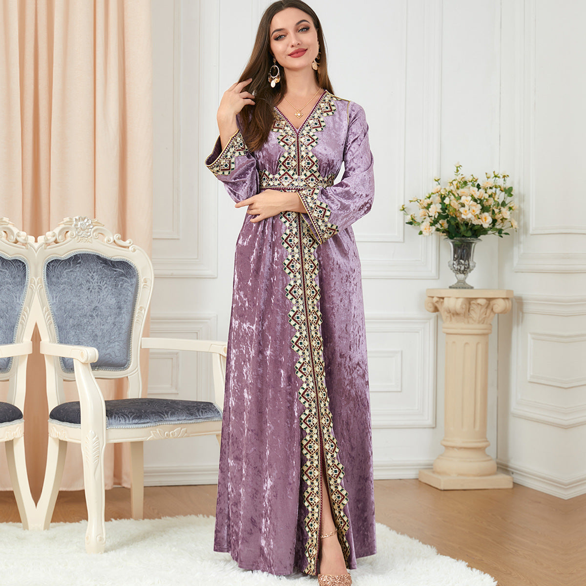 Robe en velours canari ample et ajustée à col en V et manches longues pour femme