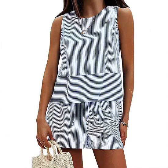 Vertical Striped Waist Round Neck Sleeveless Suit