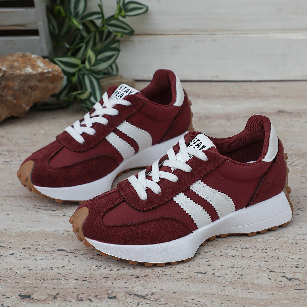 Women's Stripe Lace-Up Sneakers Breathable Thick Bottom Casual Sports Shoes