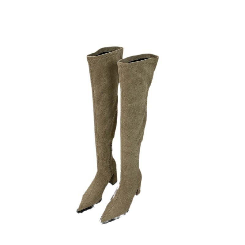 Chunky High Heel Over-the-Knee Suede Stretch Boots with Zipper