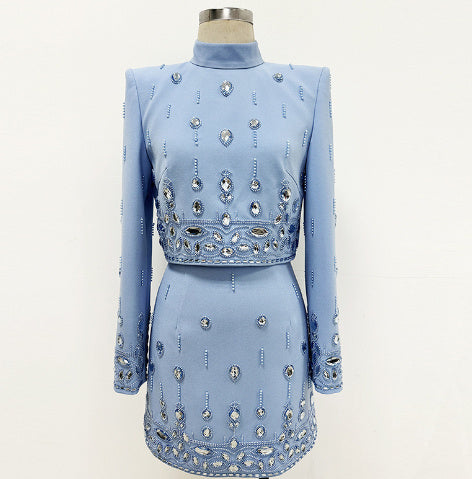 Ensemble de tailleur jupe courte à perles et diamants, style industrie lourde, pour femme
