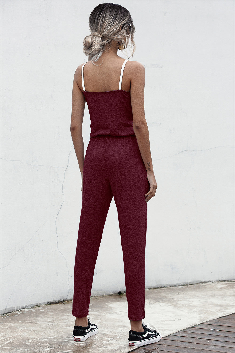 Summer Color Block Suspender Jumpsuit in Gray, Black & Army Green