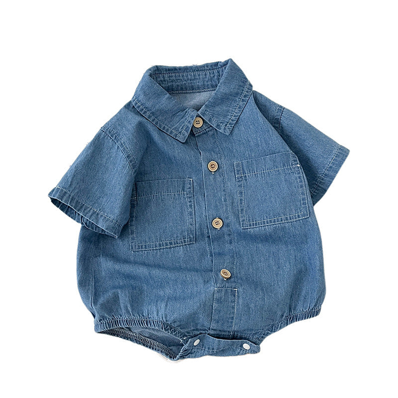 Baby Denim Thin Lapel Short Sleeve Jumpsuit