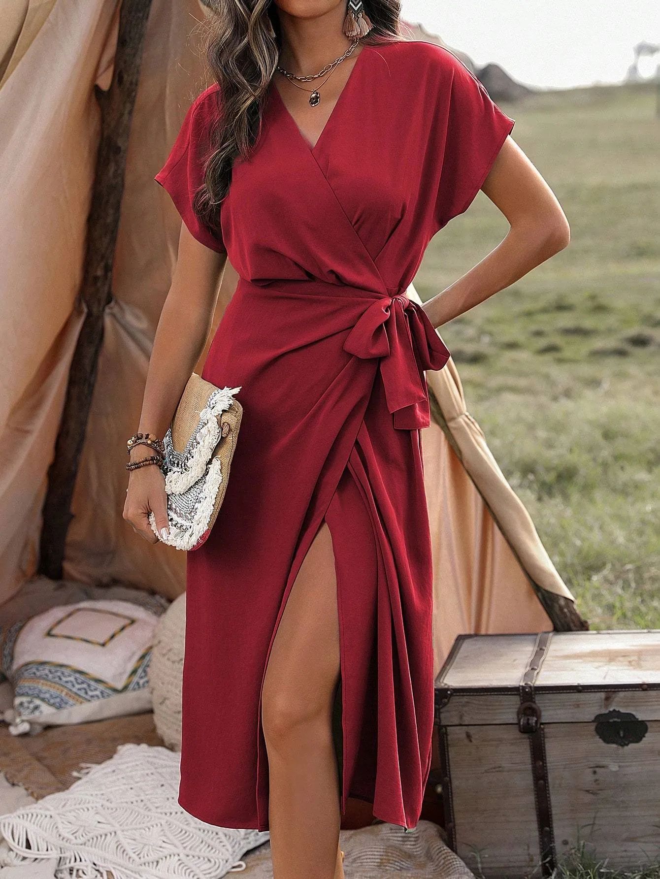 Women's Solid Color Wrap Suspender Dress Mid-Length Commuting Fashion