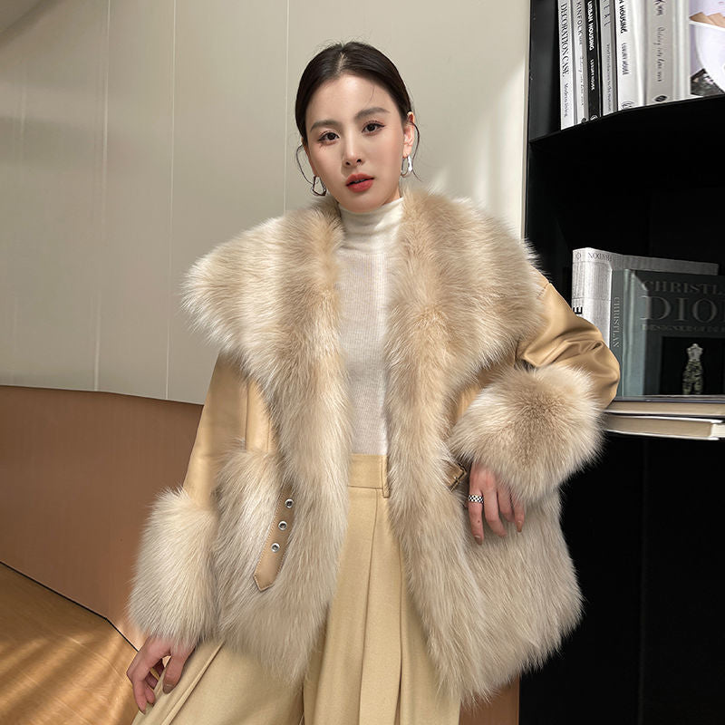 Women’s Faux Fur Coat with Big Fur Collar in Beige & Cocoa, Sizes S-XL