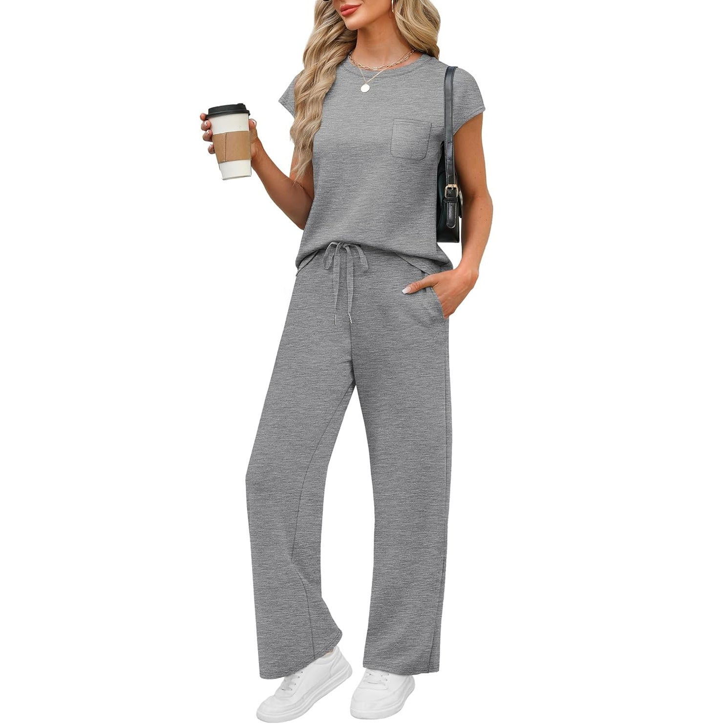 Round Neck Loose Short Sleeve Pocket Two-Piece Casual Suit