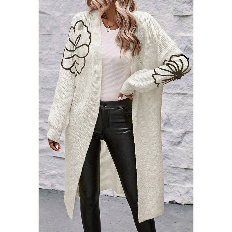 Women's Medium-Length Flower Embroidered Cardigan Sweater