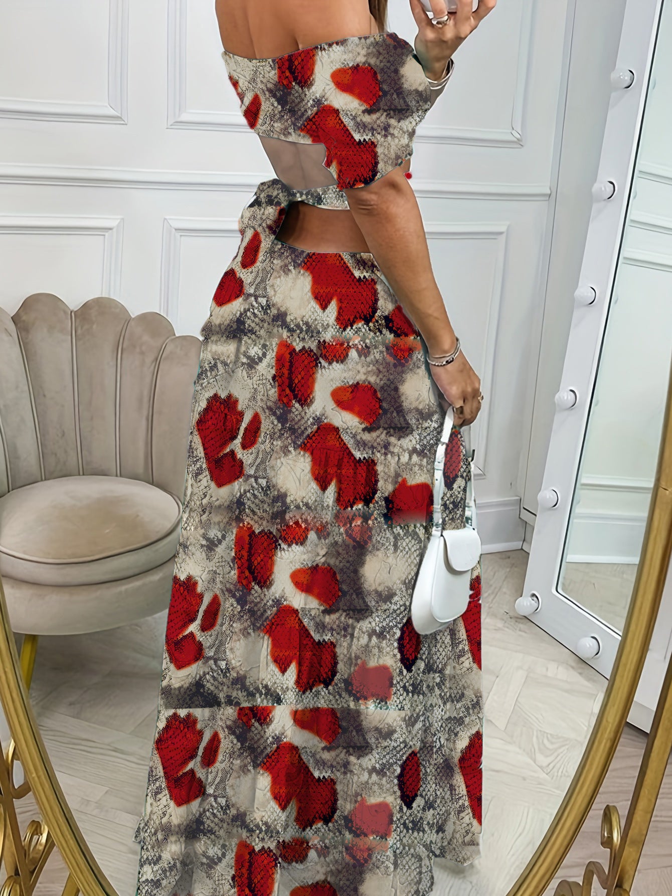 Robe longue en mousseline de soie à col une ligne, manches courtes, imprimée et taille creuse pour femme - Idéale pour les vacances d'été