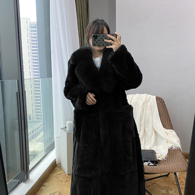 Women's Mid-Length Faux Rabbit Fur Coat – Urban Casual V-Neck