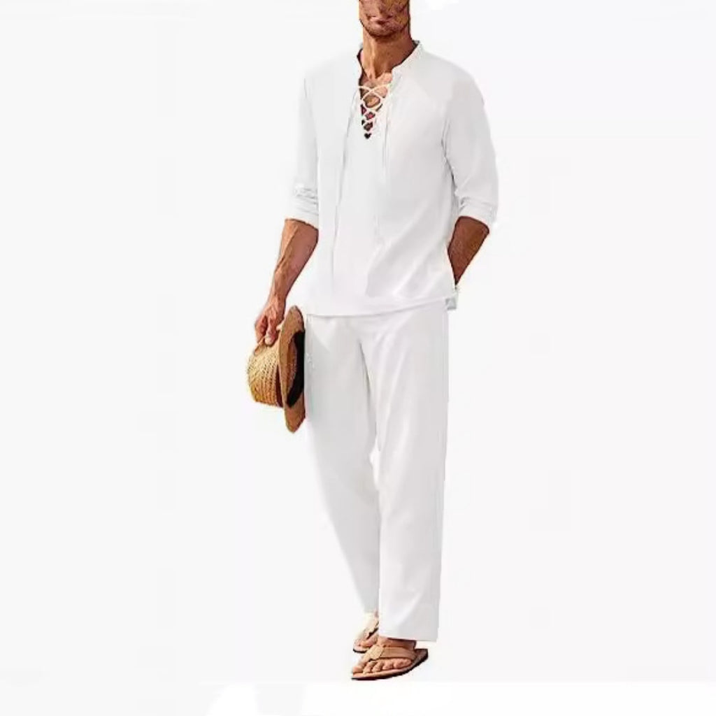 European & American Cotton Linen Henley Shirt Beach Casual Solid Color Suit