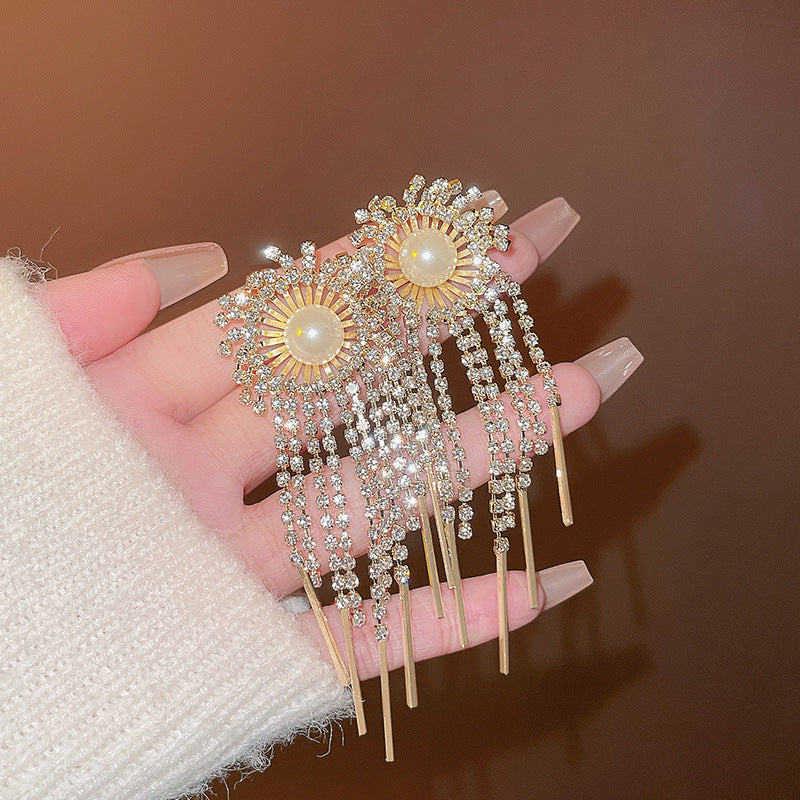 Silver Needle Exquisite Full Diamond Long Fringe Earrings