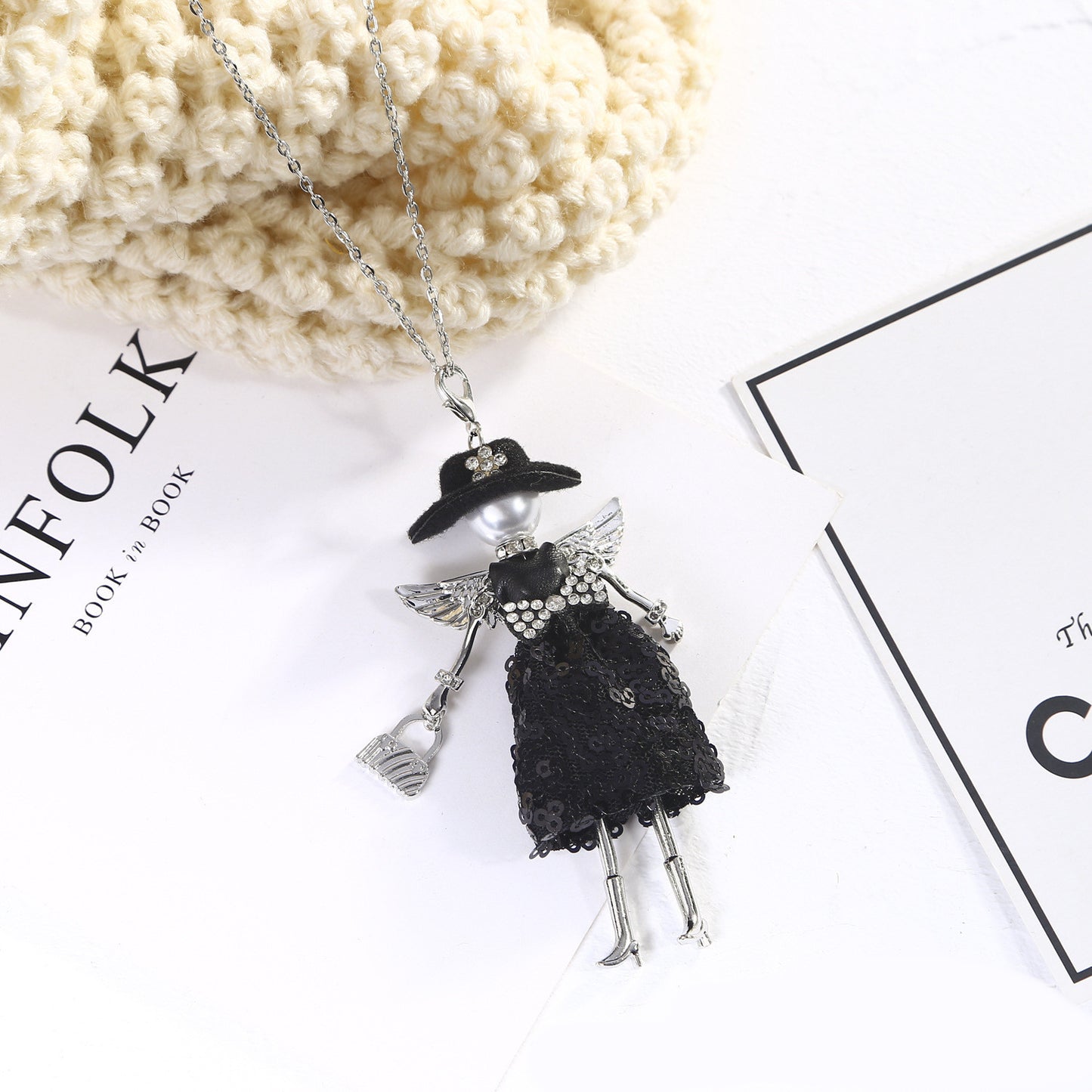 Hat Doll Necklace Rhinestone Sweater Chain