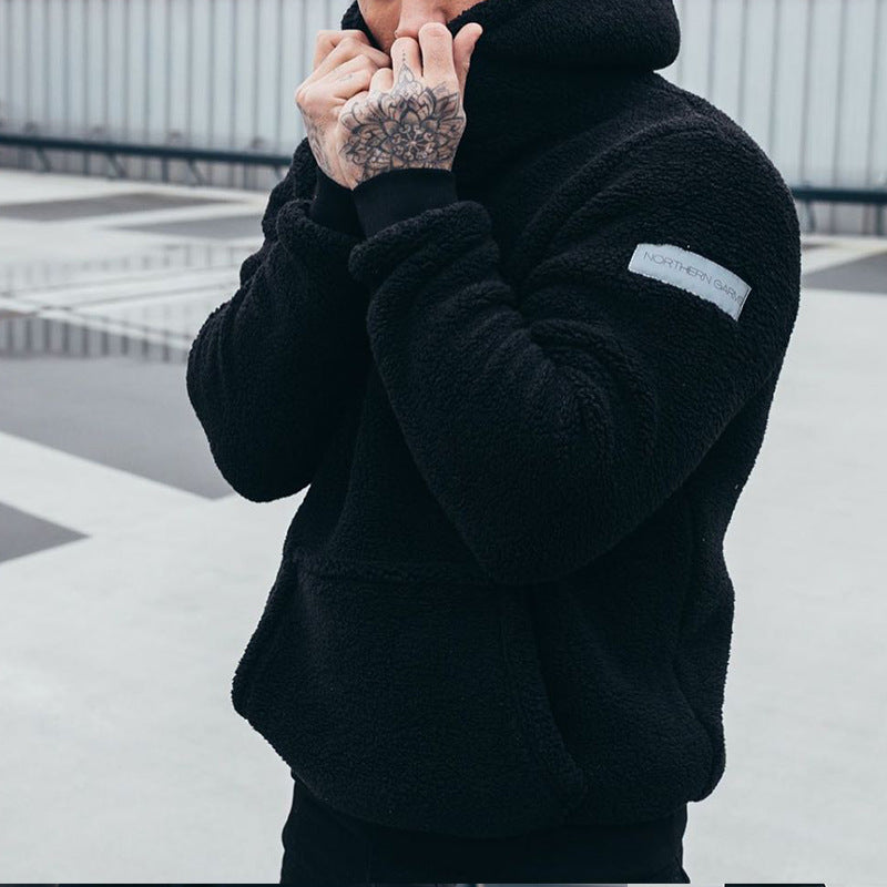 Men's Plush Cotton Hoodie Pullover with Large Pocket Long Sleeve Solid Colors