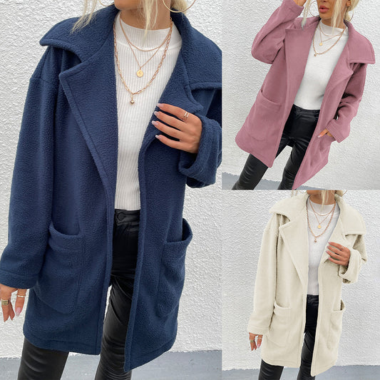 Double-Faced Fleece Mid-Length Coat with Large Slot Pockets