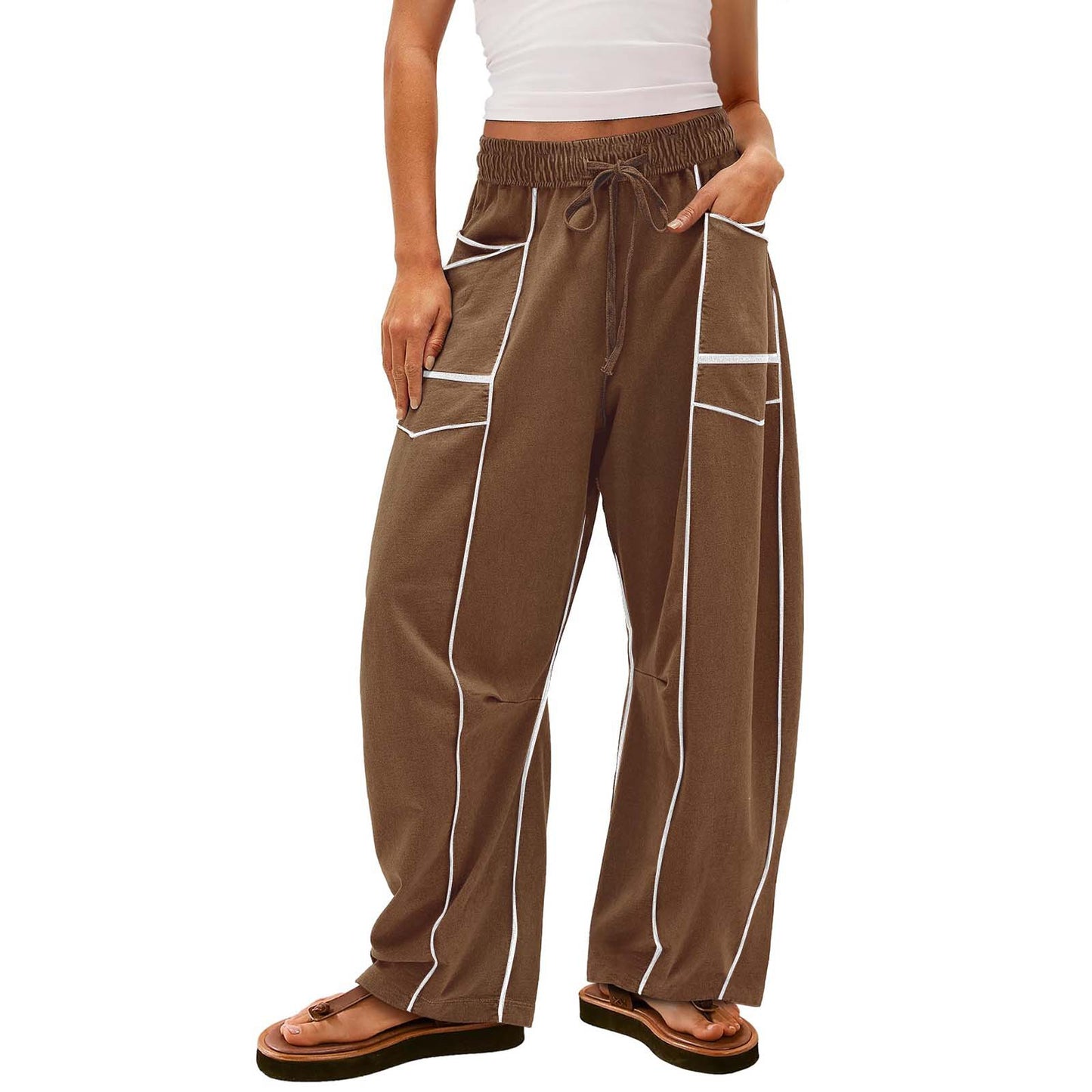 Y2K Black Striped Wide-Leg Cotton Pants with Pockets and Drawstring for Women