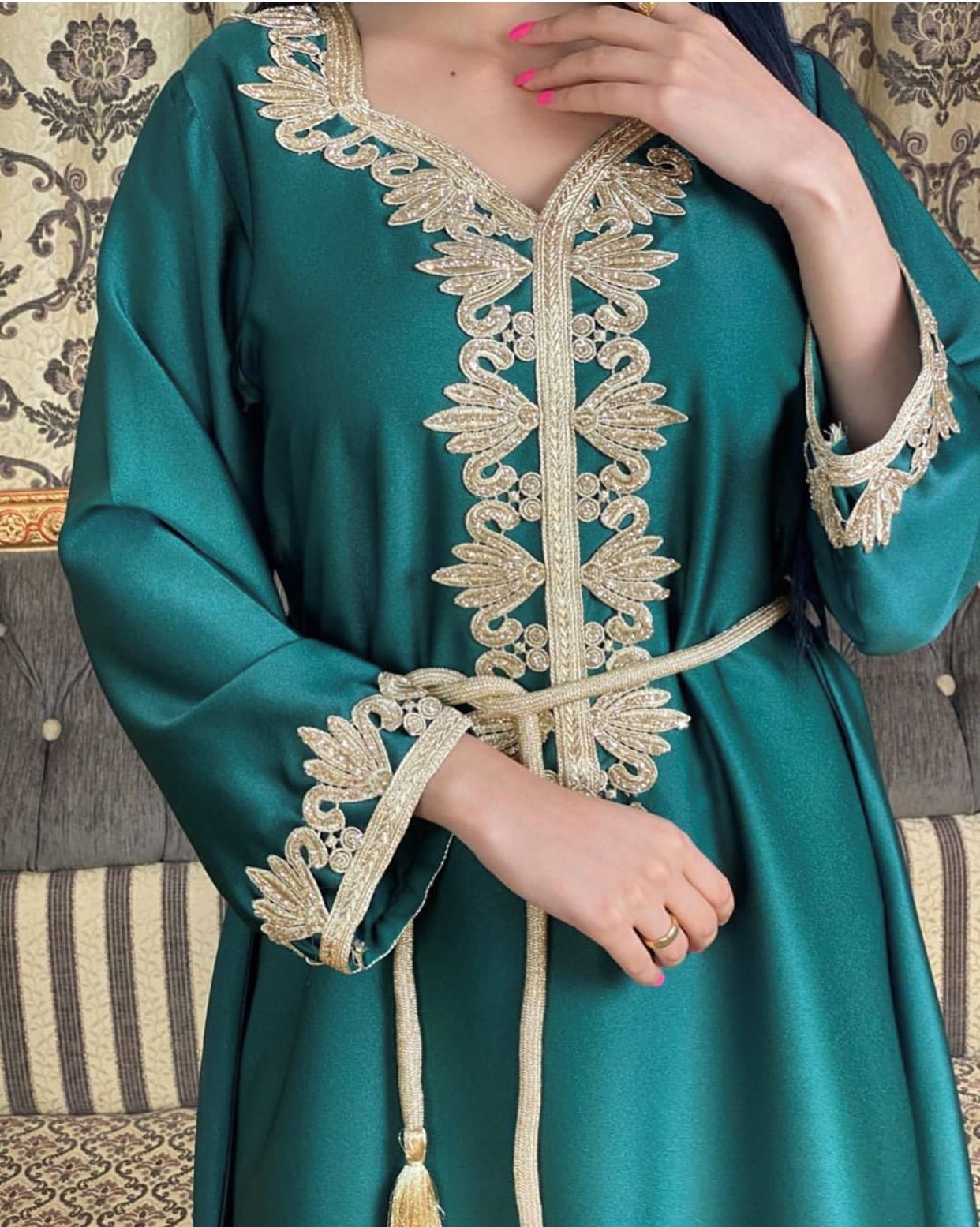 Dubai Embroidery Bronzing Lace Jalabiya Dress with Belt in Multiple Colors and Sizes