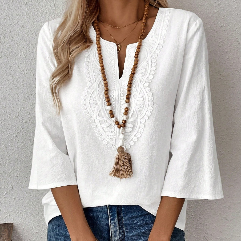 Women's Casual Solid V-Neck Long Sleeve Blouse