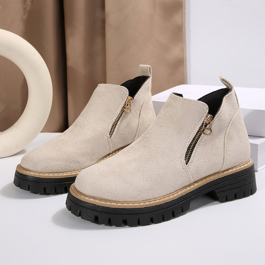 Women’s Suede Chunky Ankle Boots with Side Zipper – Autumn Winter, Mid Heel, Multiple Colors
