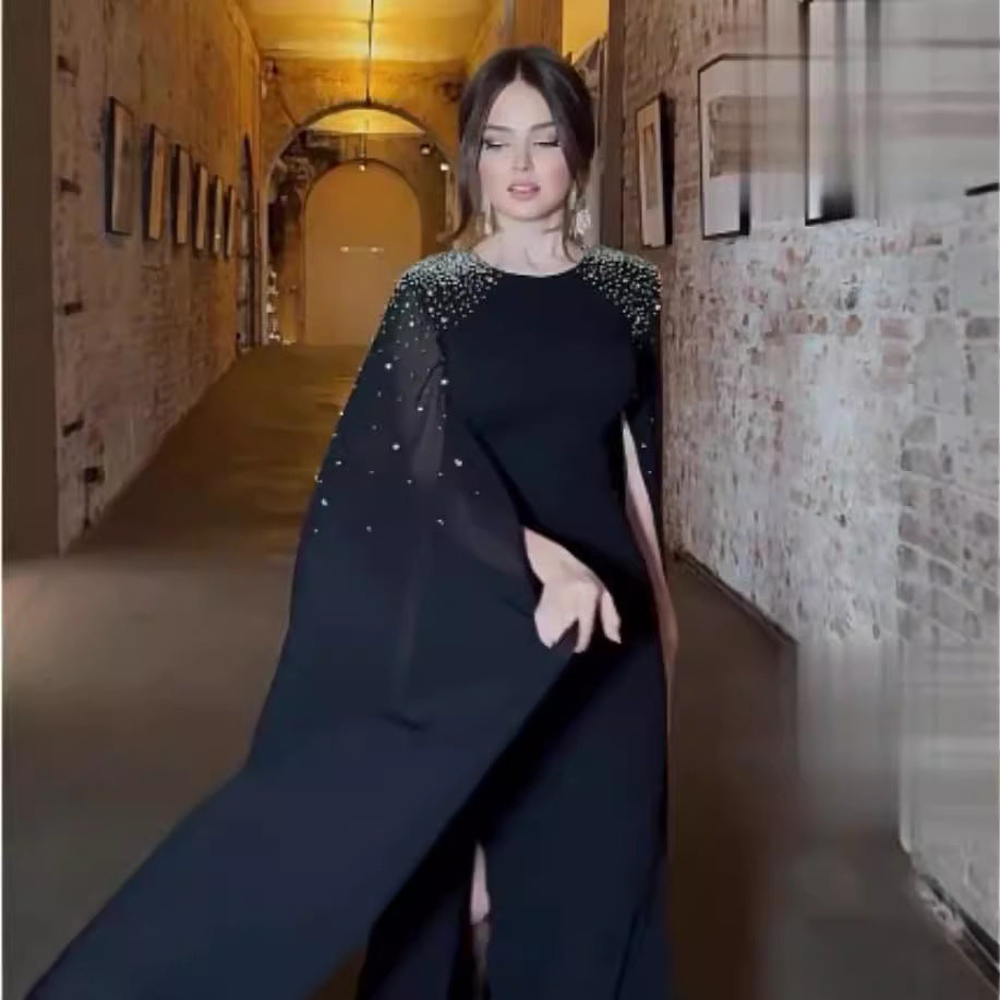 Black Middle East Hot Fix Rhinestone Evening Gown Robe Long Sleeve