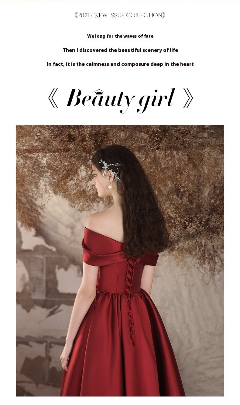 Off-Shoulder Wine Red Satin Toast Wedding Evening Dress