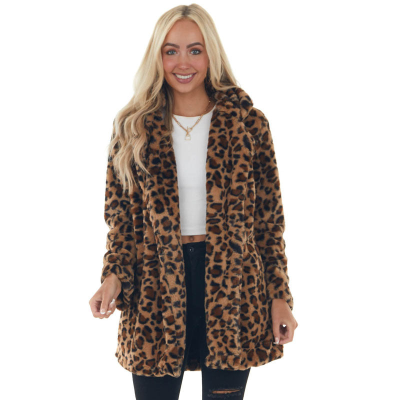 Leopard Print Loose Mink Coat with Pockets