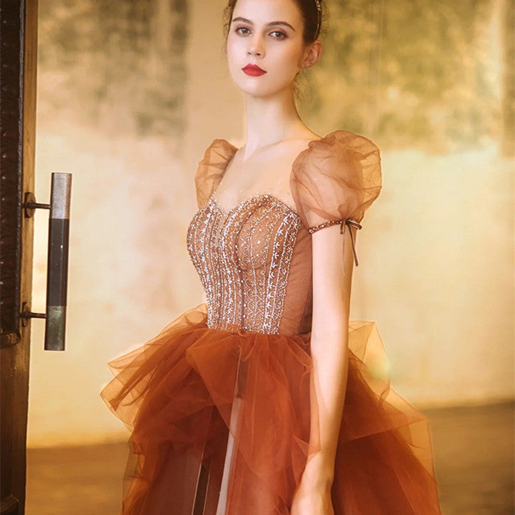 Women's Fashion Minimalist Sequin Evening Dress Brown Polyester