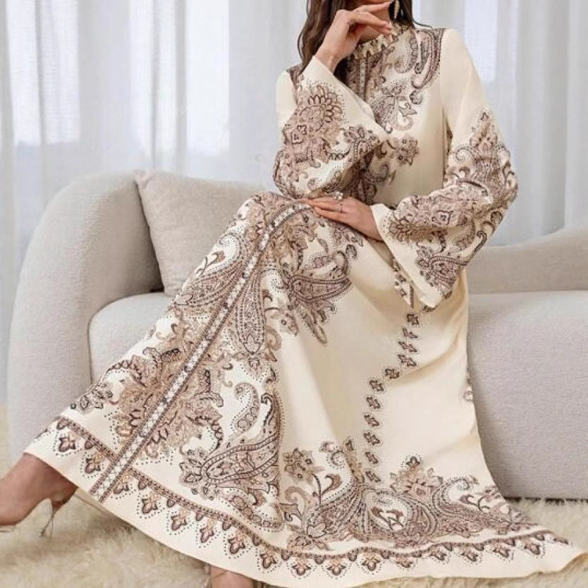 Ivory White Wavy Edge Retro Middle Eastern Lantern Sleeve Dress