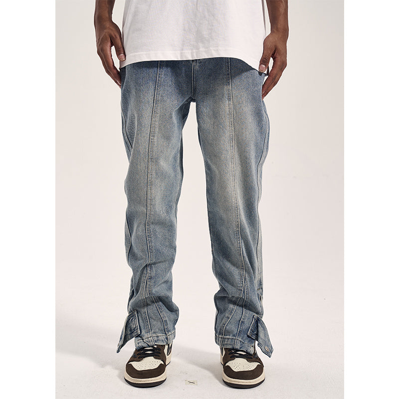 High Street Washed Blue Distressed 3D Cut Jeans With Side Zipper