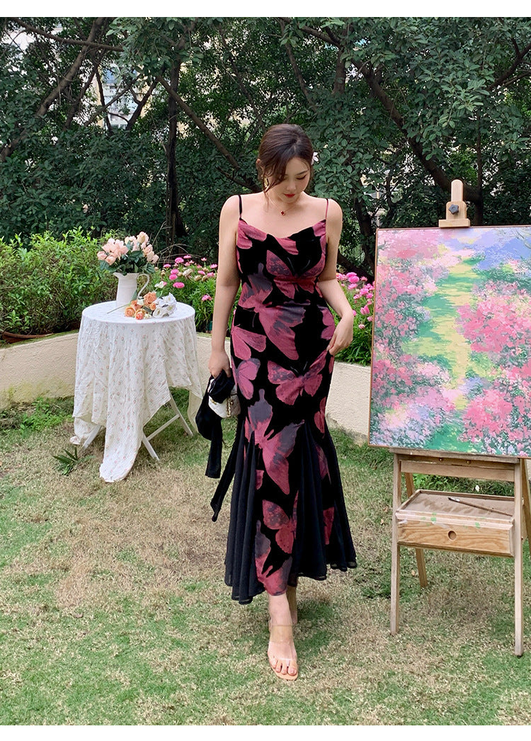 High-grade Adult Lady Like Woman Wind Flocked Printed Butterfly Dress