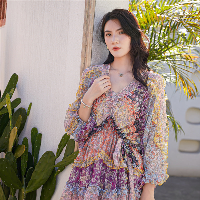 Contrasting Print Floral Panel Long Sleeve Nipped Waist Lantern Sleeve Dress