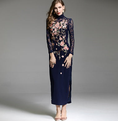 Elegant Chinese Style Embroidered Flower Long Cheongsam Dress XXL