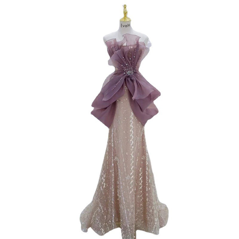 Robe de soirée champagne pour femme avec perles et sequins