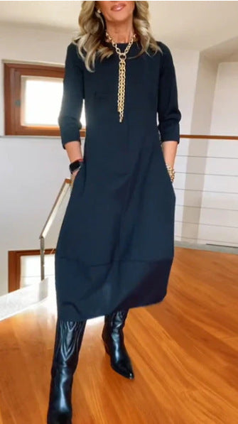 Robe unie ample à col rond et manches longues pour femme – Collection automne-hiver