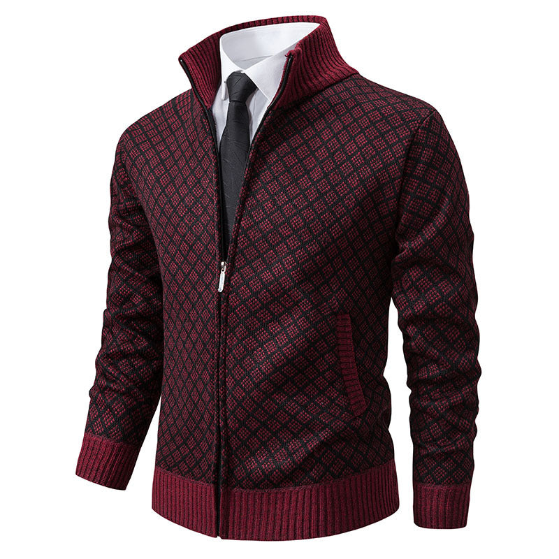 Cardigan homme en maille à carreaux épais et zippé, col montant, manches longues, coupe ajustée, hiver