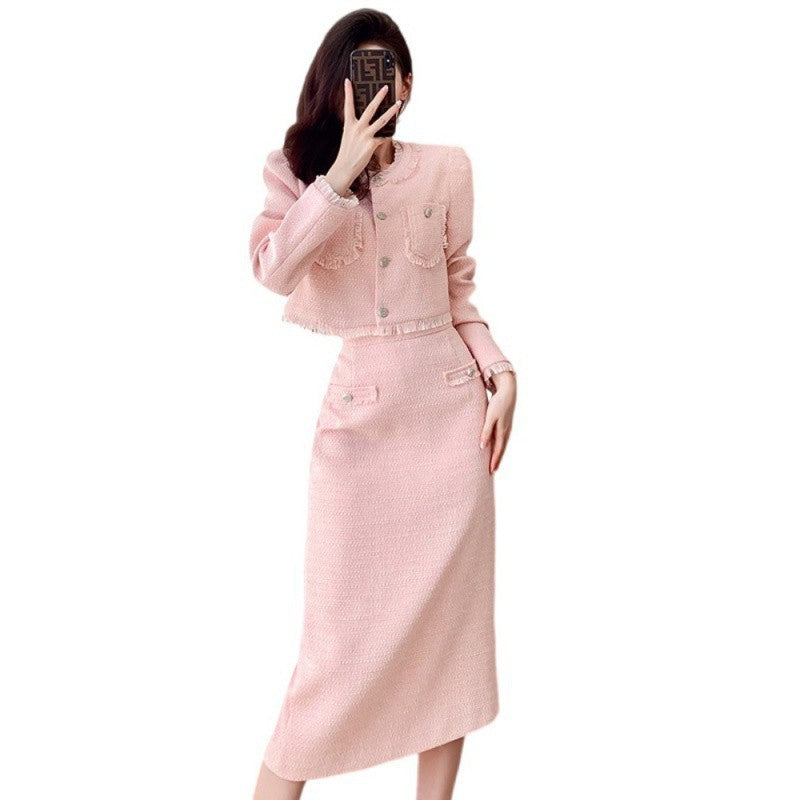 Ensemble jupe longue taille haute rose classique en laine pour femme S-XL