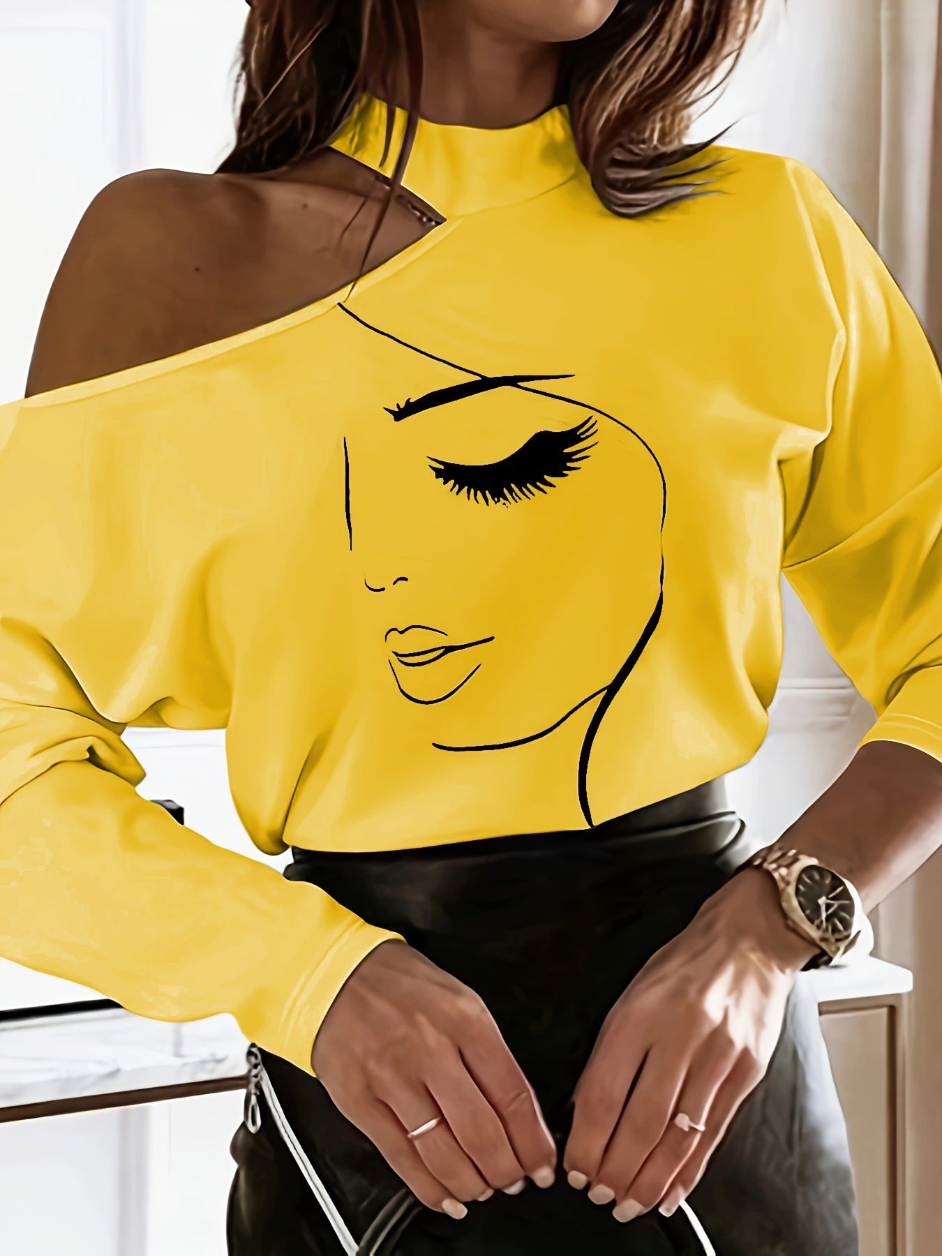 Abstract Printing T-shirt Off-the-shoulder Top For Women