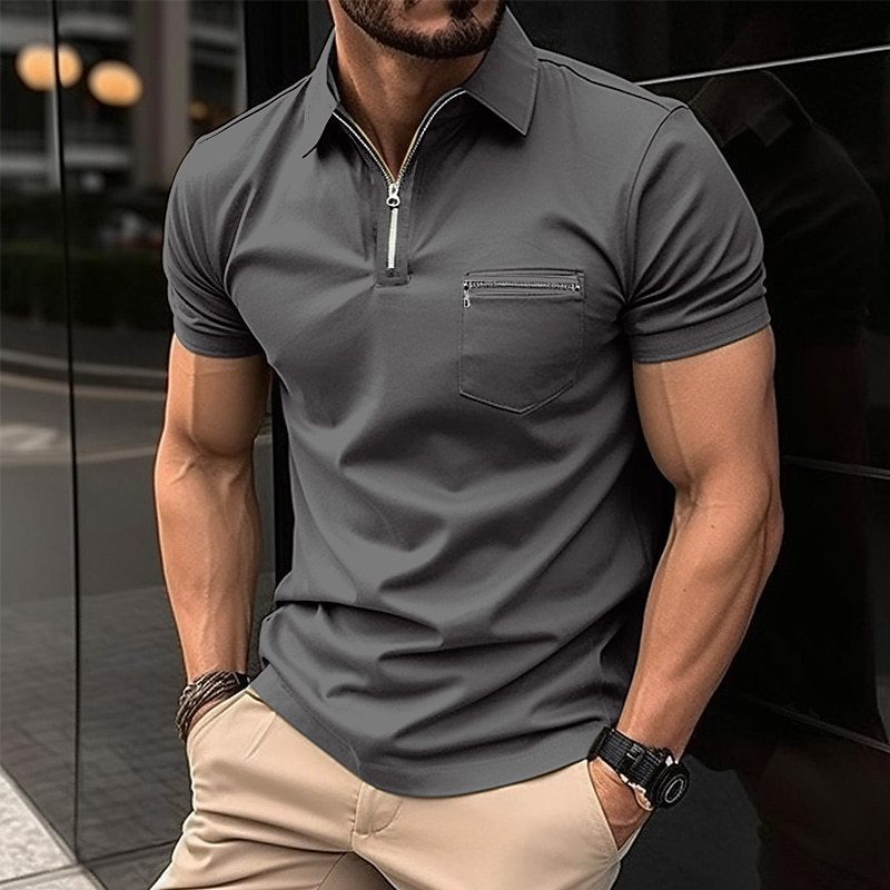 Men's Loose Fit Sports Polo Shirt with Zipper Pocket