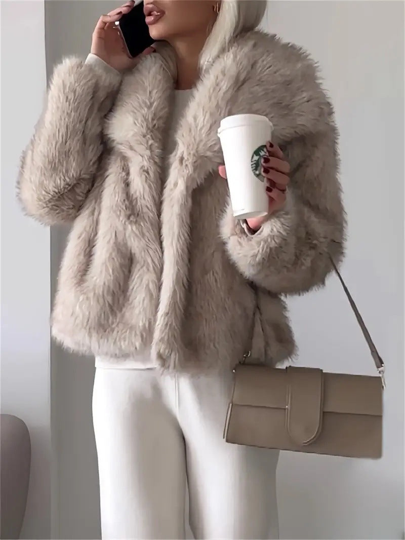 Gradient Dyed Pointed Lapel Long Sleeve Faux Fur Coat with Fur Collar