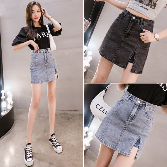 High Waist Slit Anti-exposure Denim Skirt A- Line Sheath Skirt