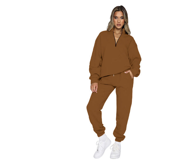 Women's Fashion Zipper Pullover Long Sleeve Sweater Two-piece Set