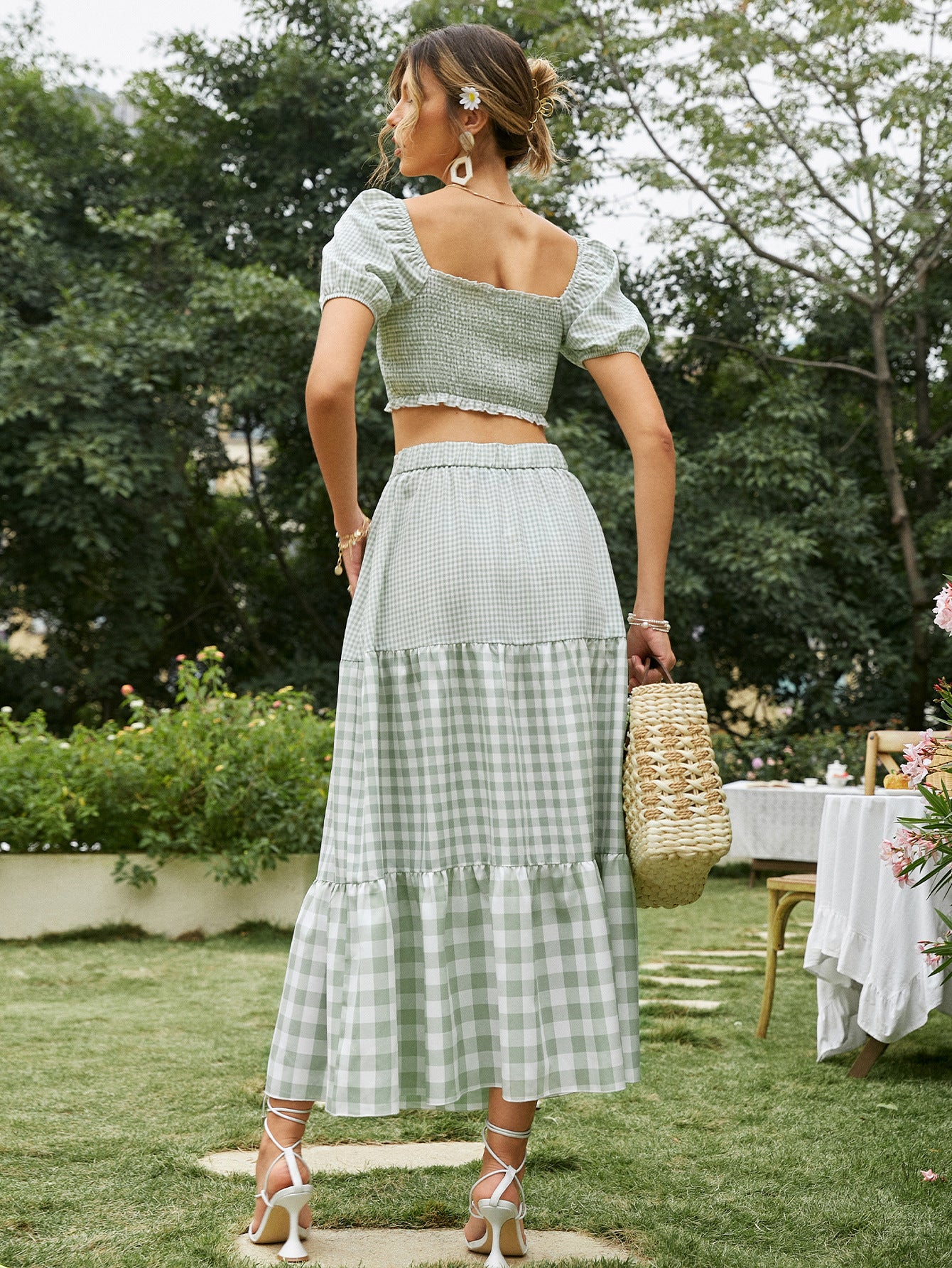 Fashion Casual Commuter Skirt Suit Midi Striped Light Green Polyester