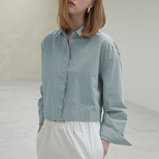 Cotton Hem Elastic Waist Slimming Solid Color Long Sleeve Shirt