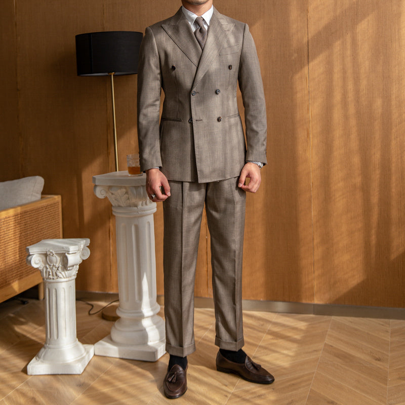 Men's Retro Elegant Brown Double-Breasted Business Suit