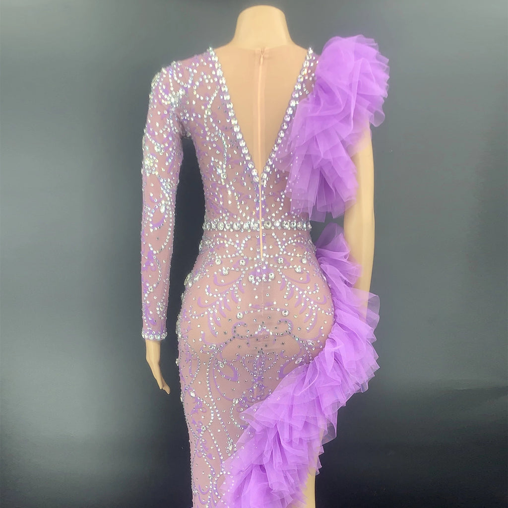 Women's Purple Diamond Slit Single Sleeve Pleated Tulle Dress