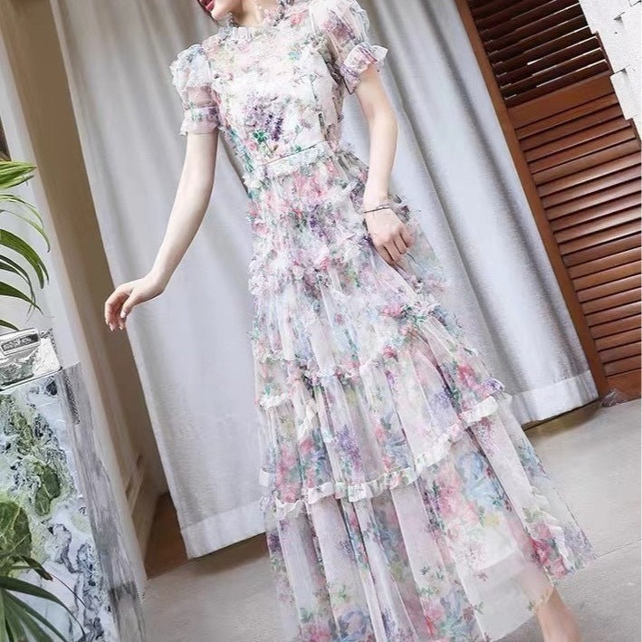 Women's Temperament Black French Floral Waist-Controlled Dress S-XL