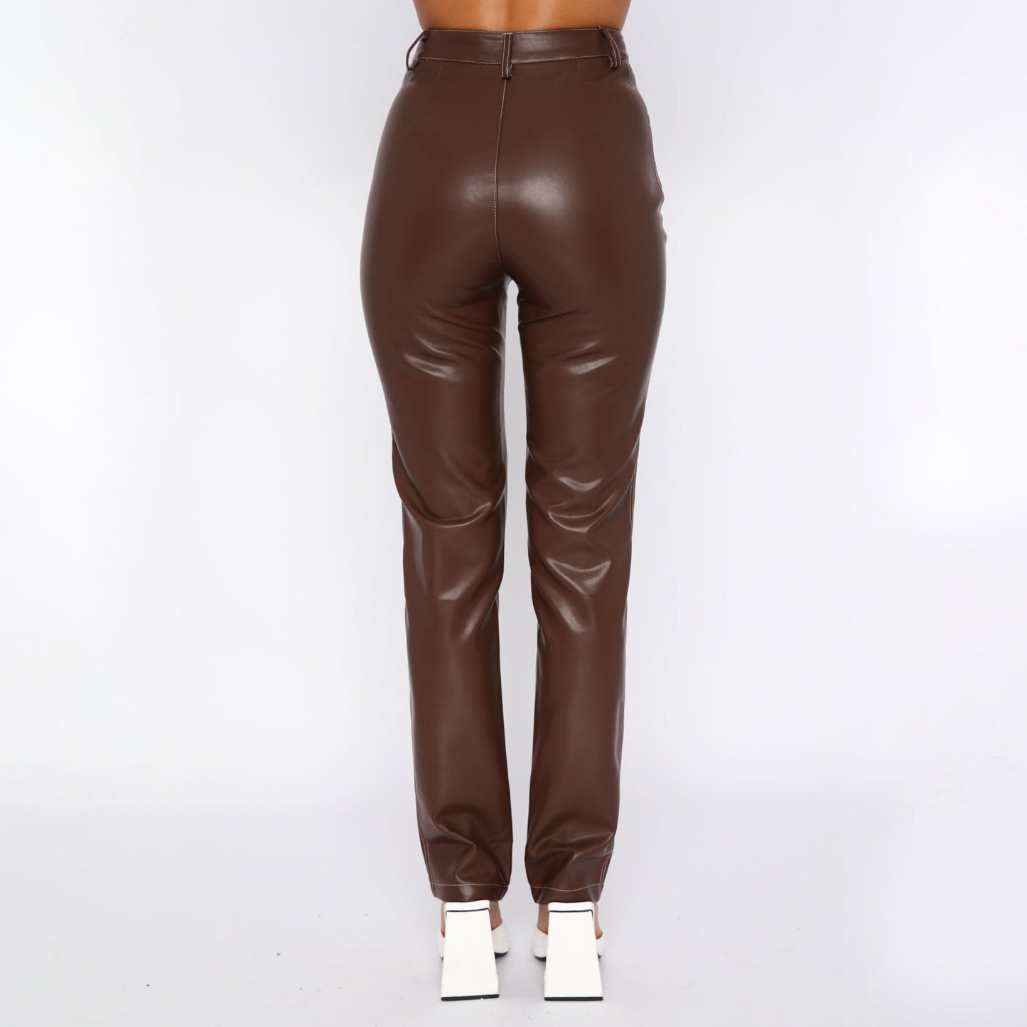 High Elasticity PU Leather Straight Pants for Women Mid Waist S-XL