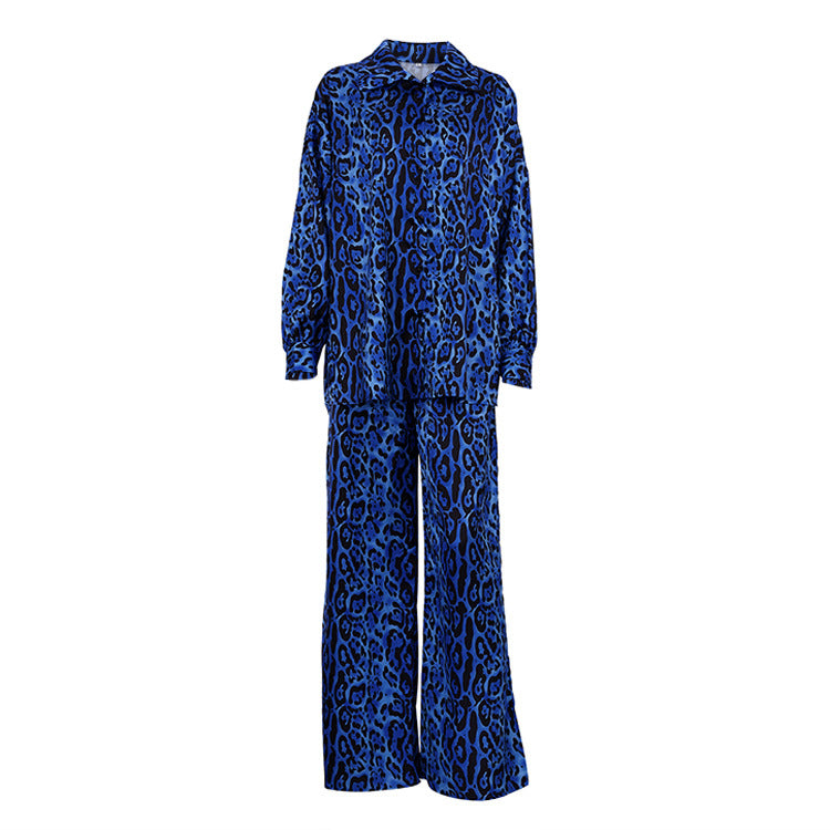 Ensemble deux pièces imprimé léopard à manches longues pour femme, bleu, S-XL