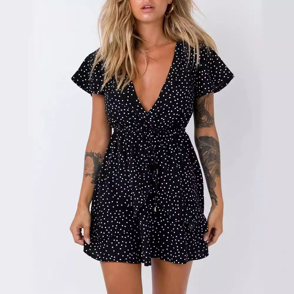 V-Neck Black Polka Dot Slimming Dress with Wide Waist