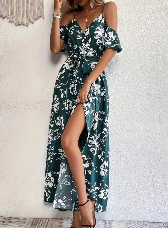 Flower Print Split Suspender Lace-Up Summer Dress for Women